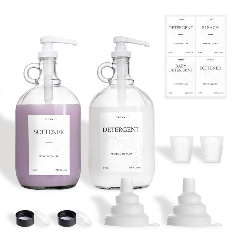 2 Pcs Glass Liquid Laundry Detergent Dispenser Half Gallon Laundry Soap Dispenser for Laundry Room 64 oz Each Laundry Detergent Bottles with Pump Dispenser Includes Labels Funnel Measuring Cup